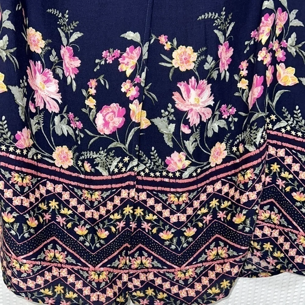 Blue Rain Navy With Pink & Yellow Flowers Faux Wrap Maxi Skirt - Size Medium